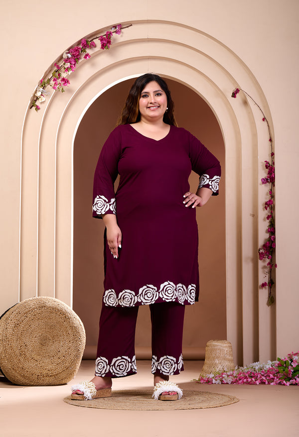 Plus Size Wine Aari Embroidered Co-ord Set