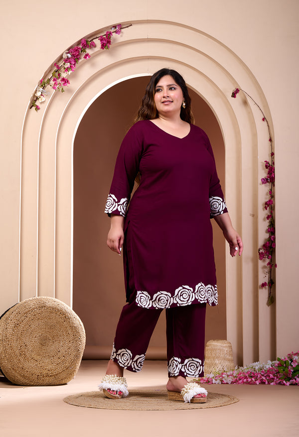 Plus Size Wine Aari Embroidered Co-ord Set