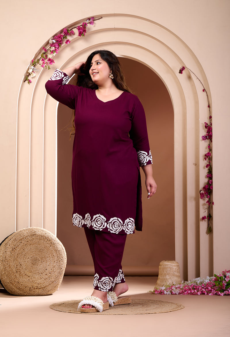 Plus Size Wine Aari Embroidered Co-ord Set