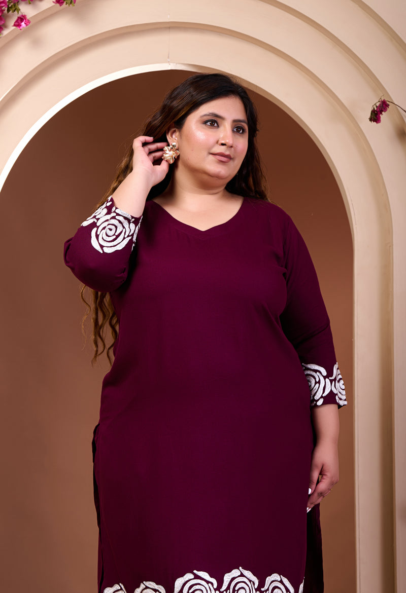 Plus Size Wine Aari Embroidered Co-ord Set