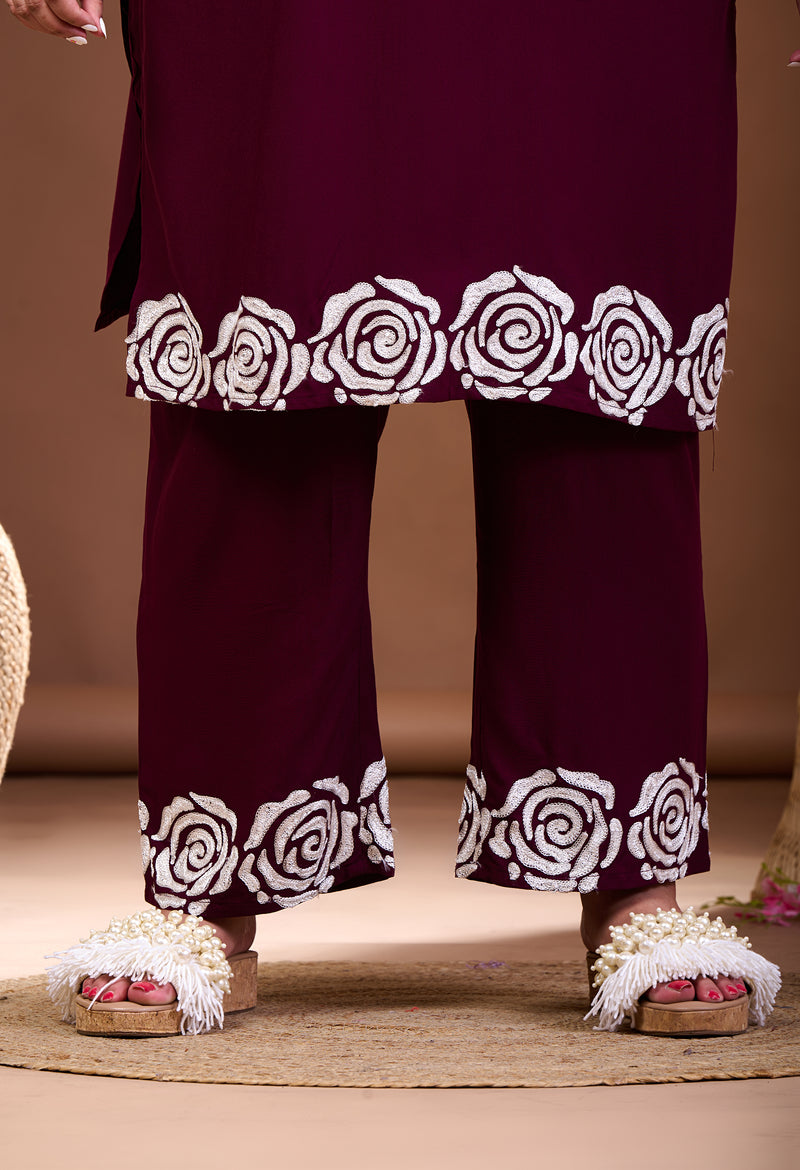 Plus Size Wine Aari Embroidered Co-ord Set