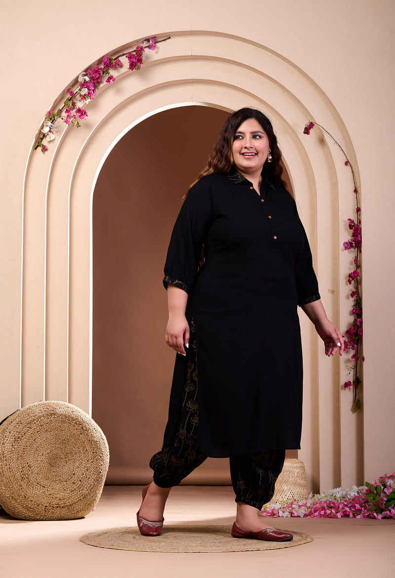 Plus Size Black Rayon Kurta Set with Harem Pants