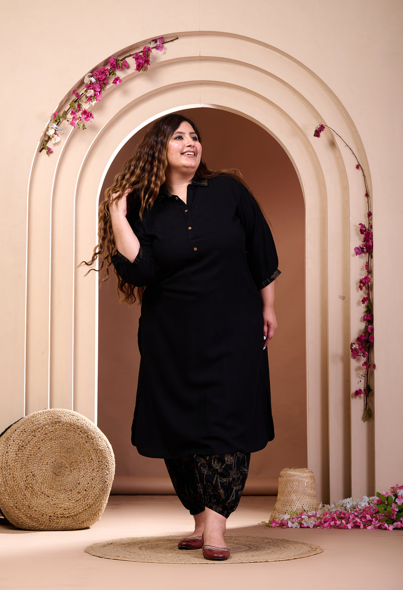 Plus Size Black Rayon Kurta Set with Harem Pants