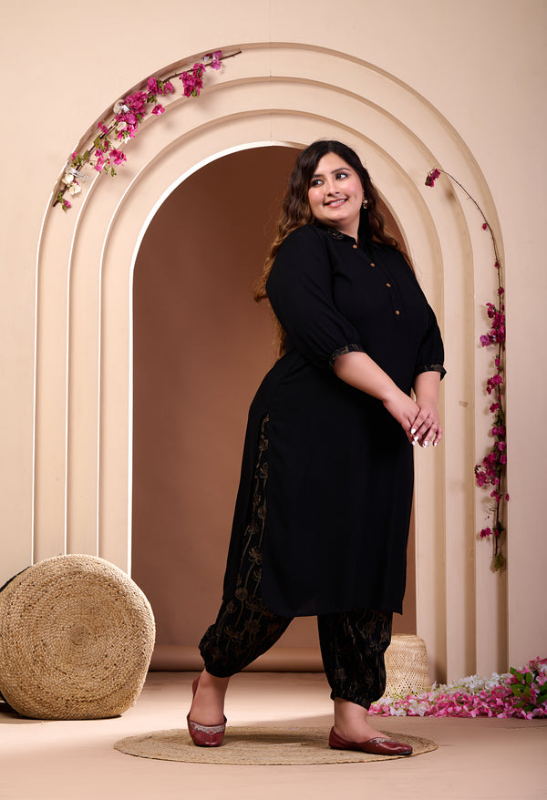 Plus Size Black Rayon Kurta Set with Harem Pants