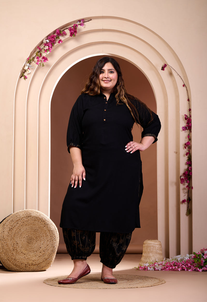 Plus Size Black Rayon Kurta Set with Harem Pants