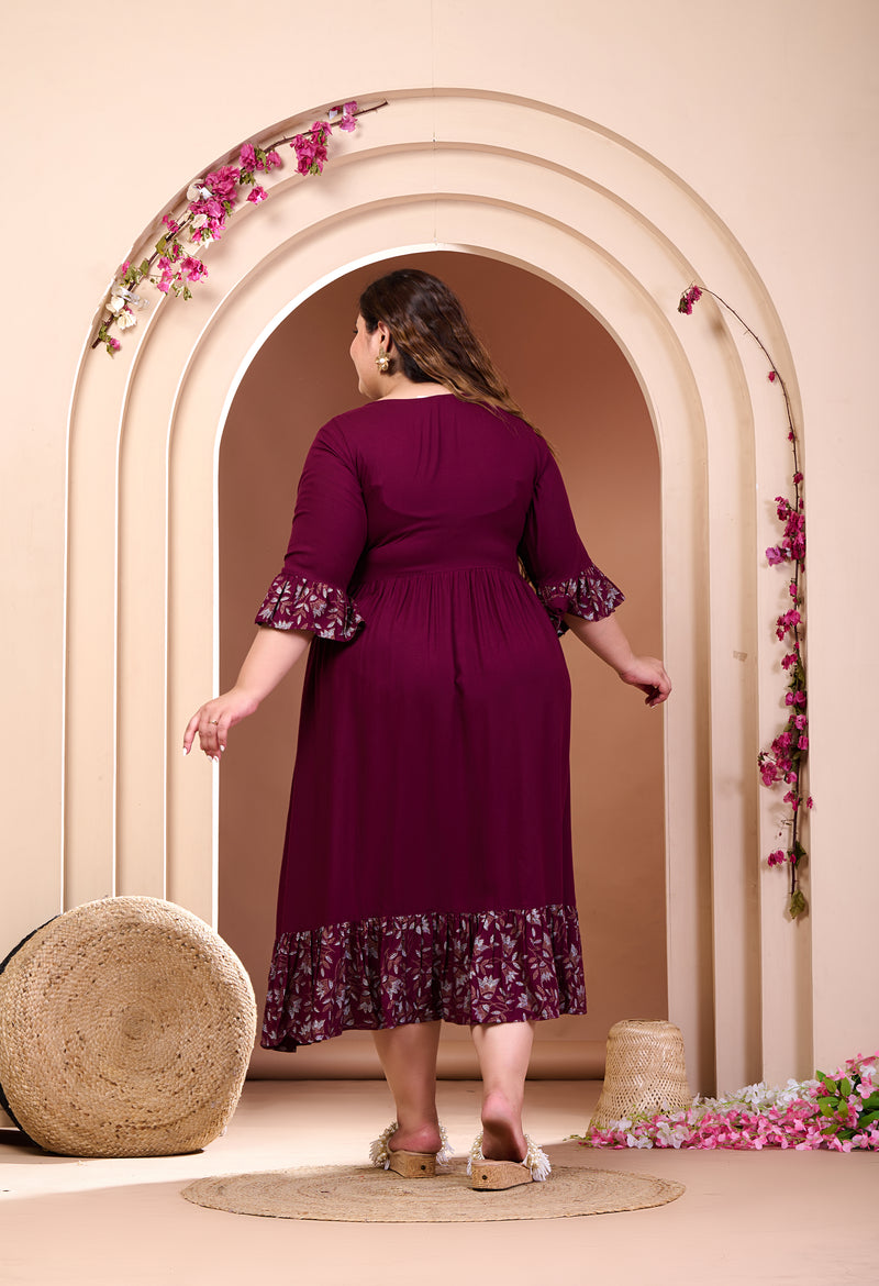 Plus Size Wine Printed Rayon Frill Dress