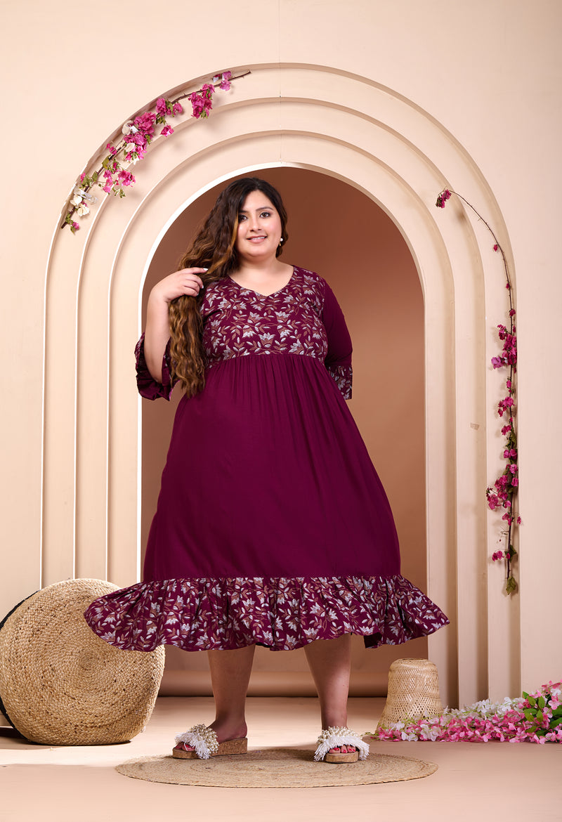 Plus Size Wine Printed Rayon Frill Dress