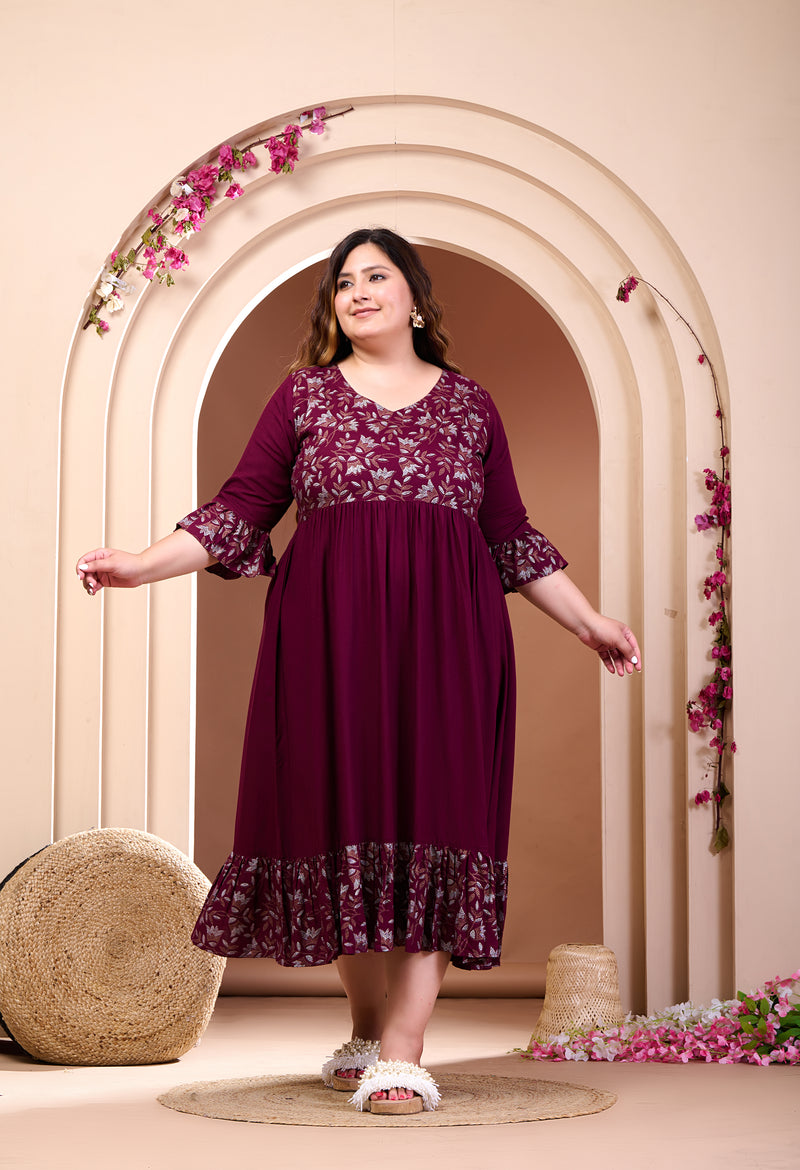 Plus Size Wine Printed Rayon Frill Dress