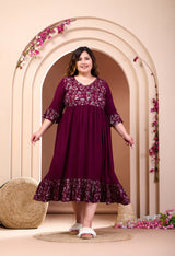 Plus Size Wine Printed Rayon Frill Dress