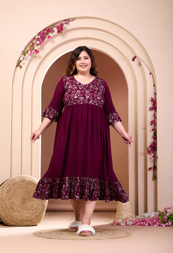 Plus Size Wine Printed Rayon Frill Dress