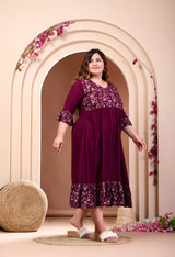 Plus Size Wine Printed Rayon Frill Dress