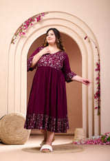 Plus Size Wine Printed Rayon Frill Dress