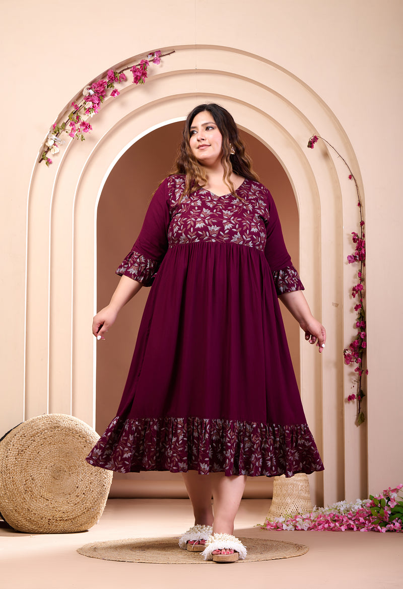 Plus Size Wine Printed Rayon Frill Dress