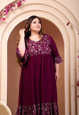 Plus Size Wine Printed Rayon Frill Dress