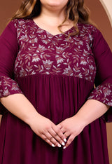 Plus Size Wine Printed Rayon Frill Dress