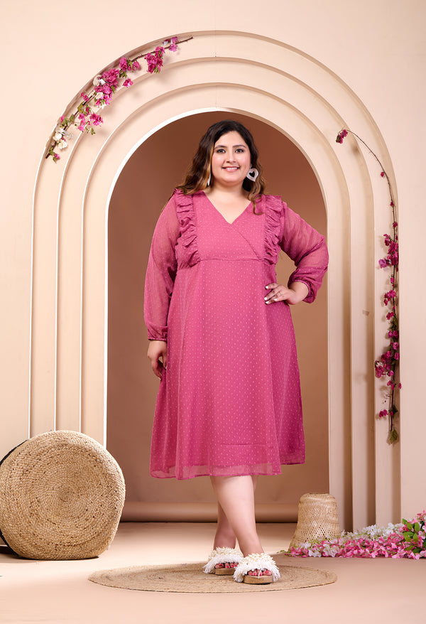 Plus Size Pink Frill Georgette Midi Dress