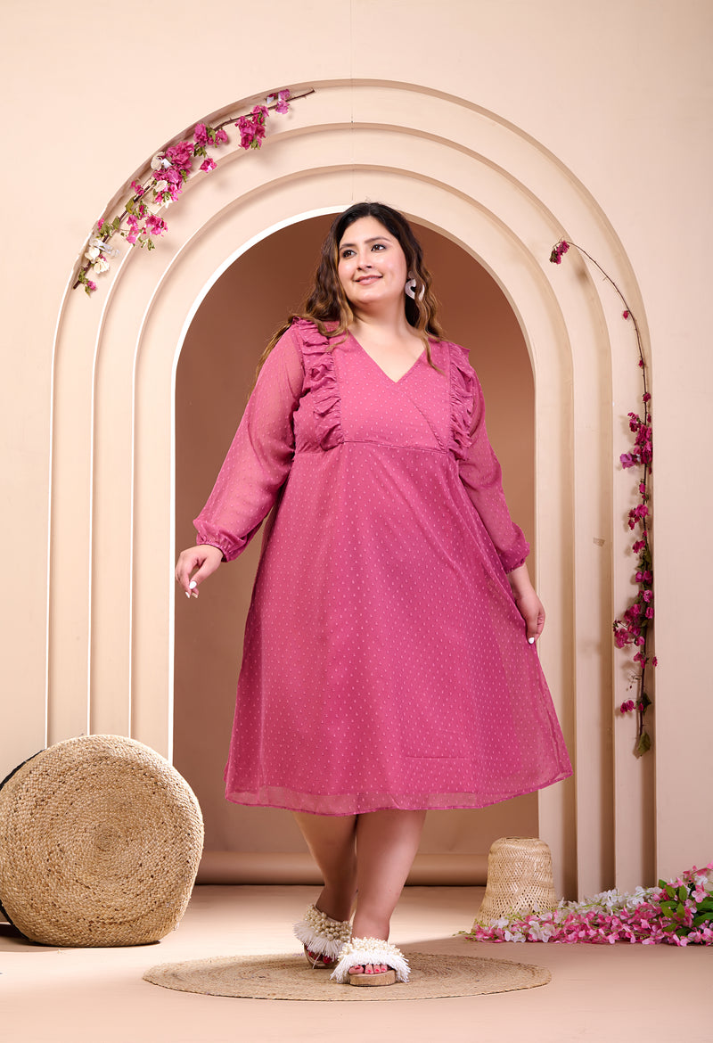 Plus Size Pink Frill Georgette Midi Dress