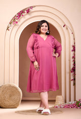 Plus Size Pink Frill Georgette Midi Dress