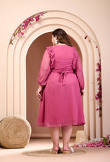 Plus Size Pink Frill Georgette Midi Dress