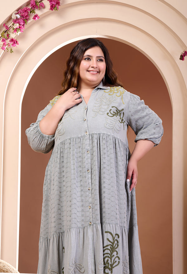 Plus Size Grey Embroidered Dress