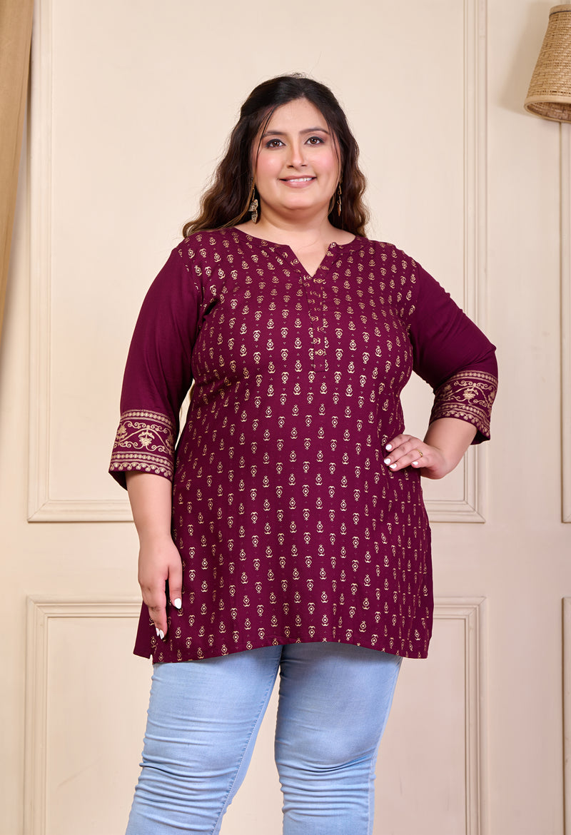 Plus Size Wine Gold Printed Rayon Kurta