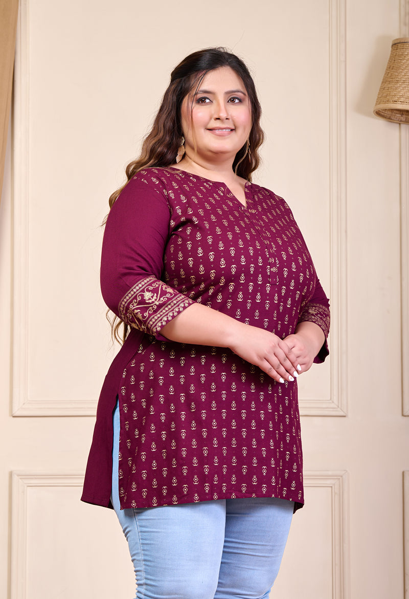 Plus Size Wine Gold Printed Rayon Kurta