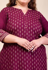 Plus Size Wine Gold Printed Rayon Kurta