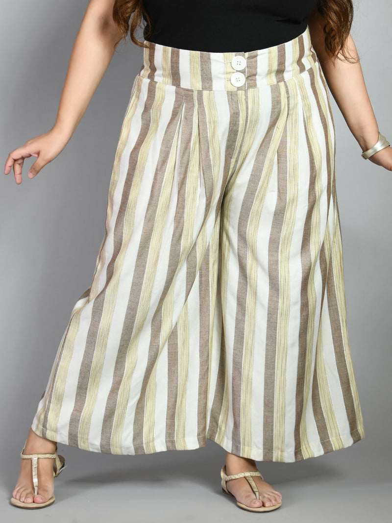 Plus Size Striped White & Brown Culottes