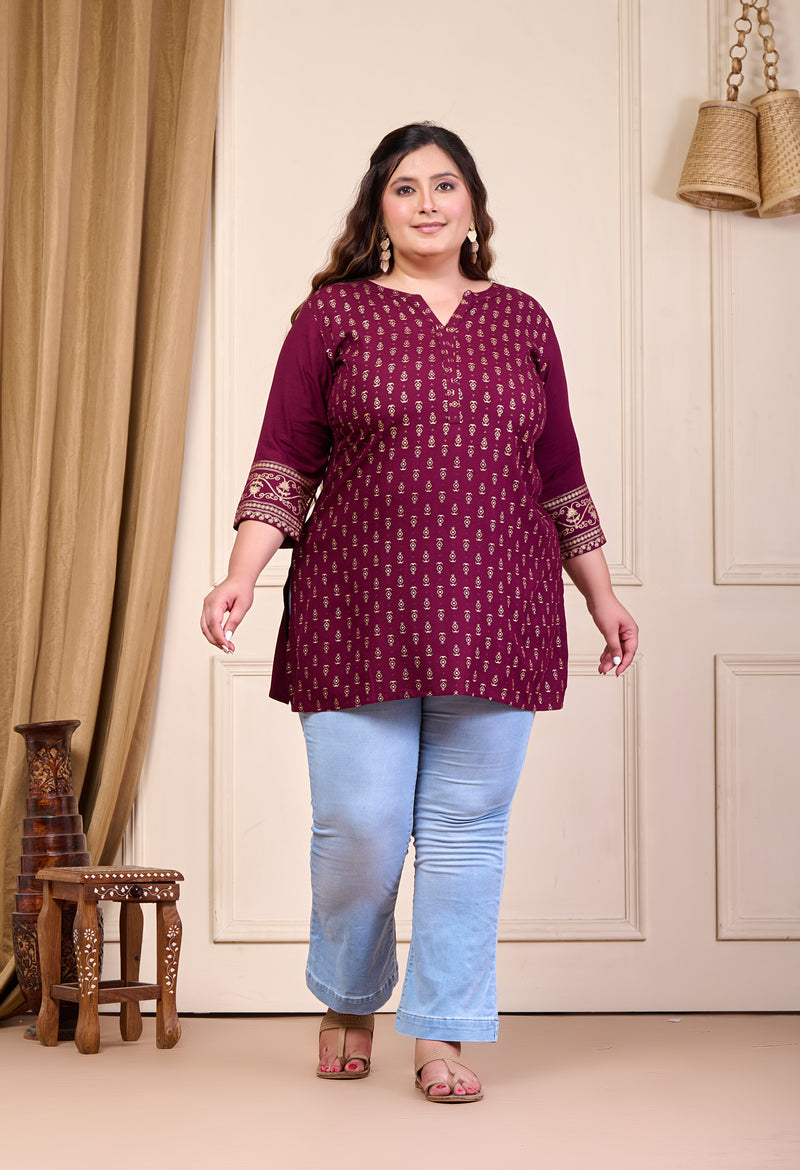 Plus Size Wine Gold Printed Rayon Kurta