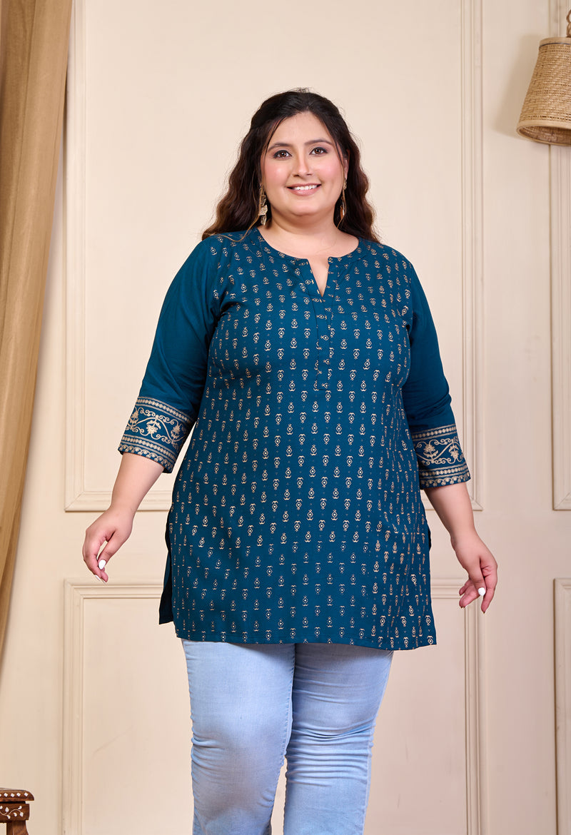 Plus Size Teal Blue Printed Rayon Kurta