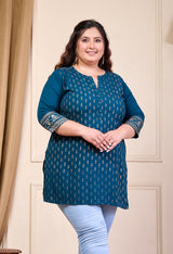 Plus Size Teal Blue Printed Rayon Kurta