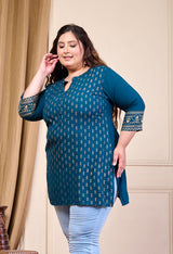 Plus Size Teal Blue Printed Rayon Kurta