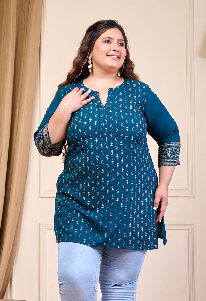 Plus Size Teal Blue Printed Rayon Kurta