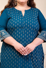 Plus Size Teal Blue Printed Rayon Kurta