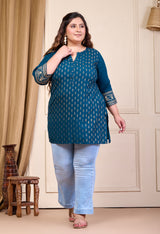 Plus Size Teal Blue Printed Rayon Kurta