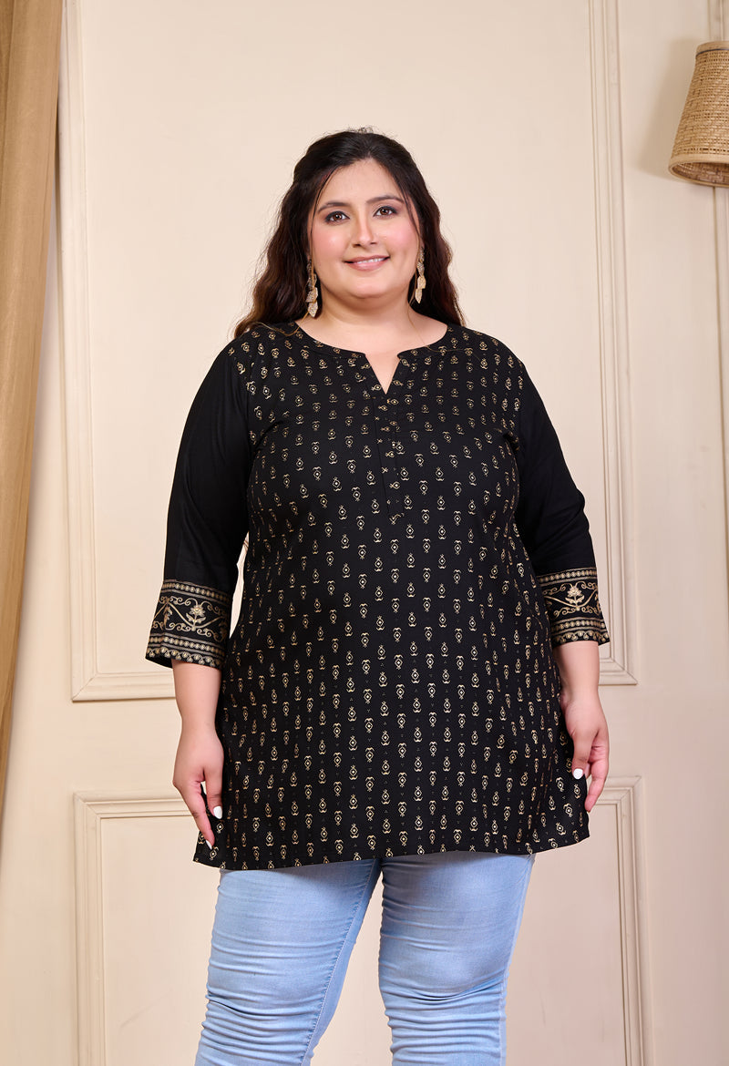 Plus Size Black Gold Printed Rayon Kurta