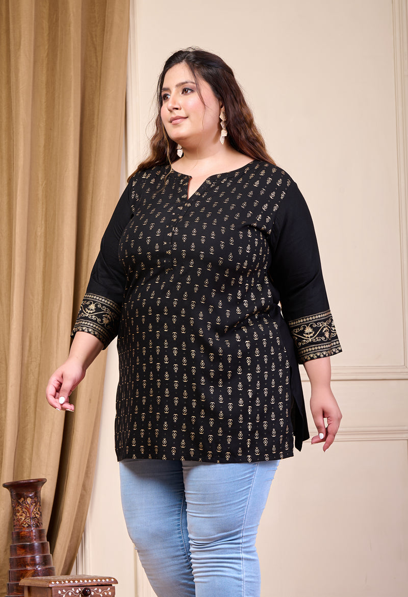 Plus Size Black Gold Printed Rayon Kurta