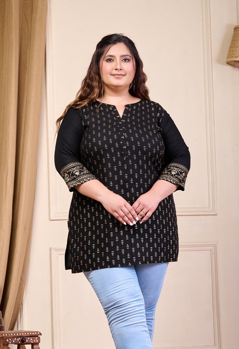 Plus Size Black Gold Printed Rayon Kurta