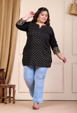 Plus Size Black Gold Printed Rayon Kurta