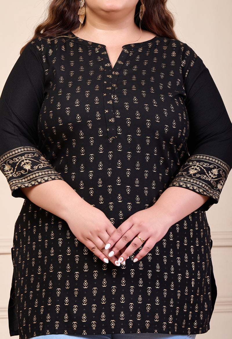 Plus Size Black Gold Printed Rayon Kurta