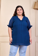 Plus Size Teal Blue Short Ruffle Neck Georgette Kurta