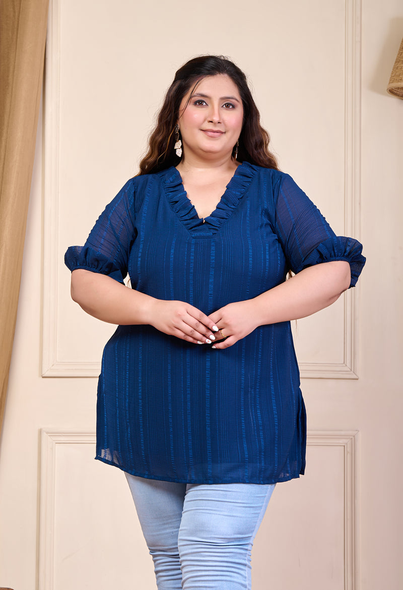 Plus Size Teal Blue Short Ruffle Neck Georgette Kurta