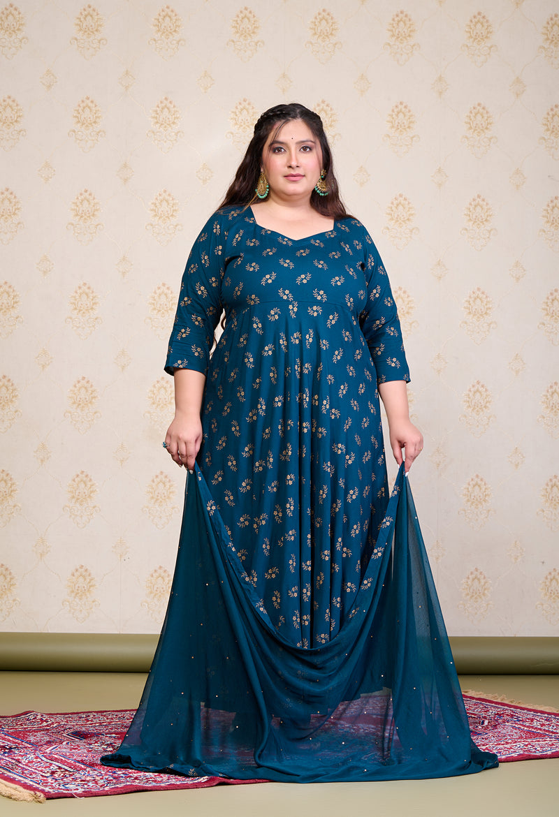 Plus Size Teal Blue Gold Printed Anarkali with Dupatta