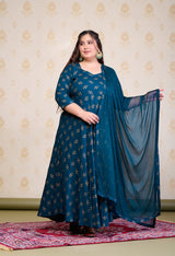 Plus Size Teal Blue Gold Printed Anarkali with Dupatta