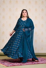 Plus Size Teal Blue Gold Printed Anarkali with Dupatta