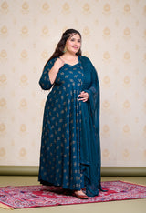 Plus Size Teal Blue Gold Printed Anarkali with Dupatta