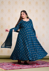 Plus Size Teal Blue Gold Printed Anarkali with Dupatta