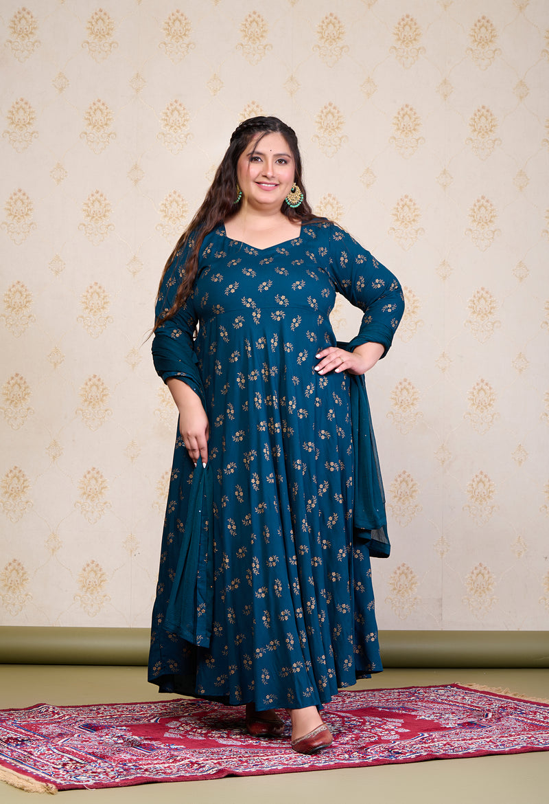 Plus Size Teal Blue Gold Printed Anarkali with Dupatta