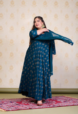 Plus Size Teal Blue Gold Printed Anarkali with Dupatta