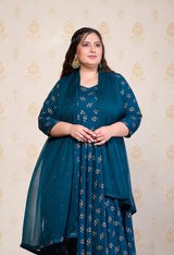 Plus Size Teal Blue Gold Printed Anarkali with Dupatta